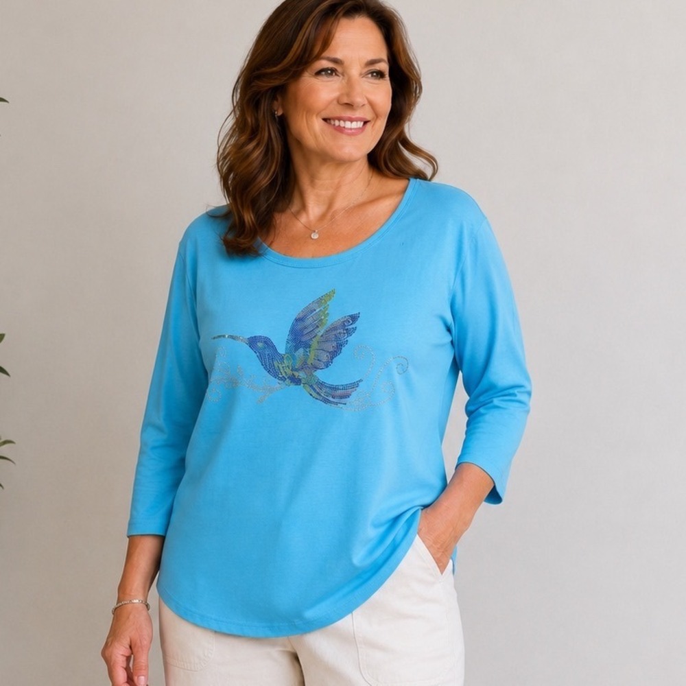 Aces Design 3XL Blue Rhinestone Hummingbird 3/4 Sleeve Cotton Top Sparkly Shirt